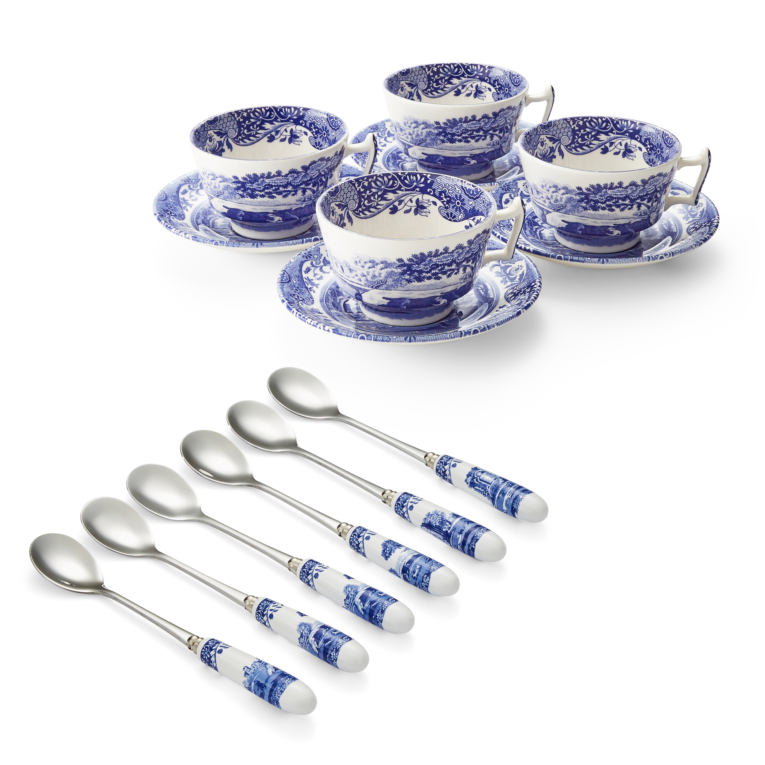 Blue Italian Set of 4 Teacup and Saucer & Free Teaspoon Set image number null